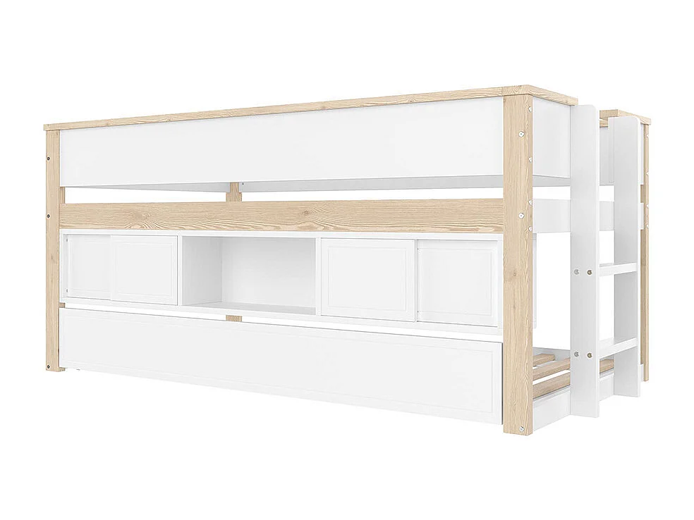 Lit enfant 90x200cm, avec lit gigogne, lit superposé, compartiments de rangement, blanc + naturel, sans matelas