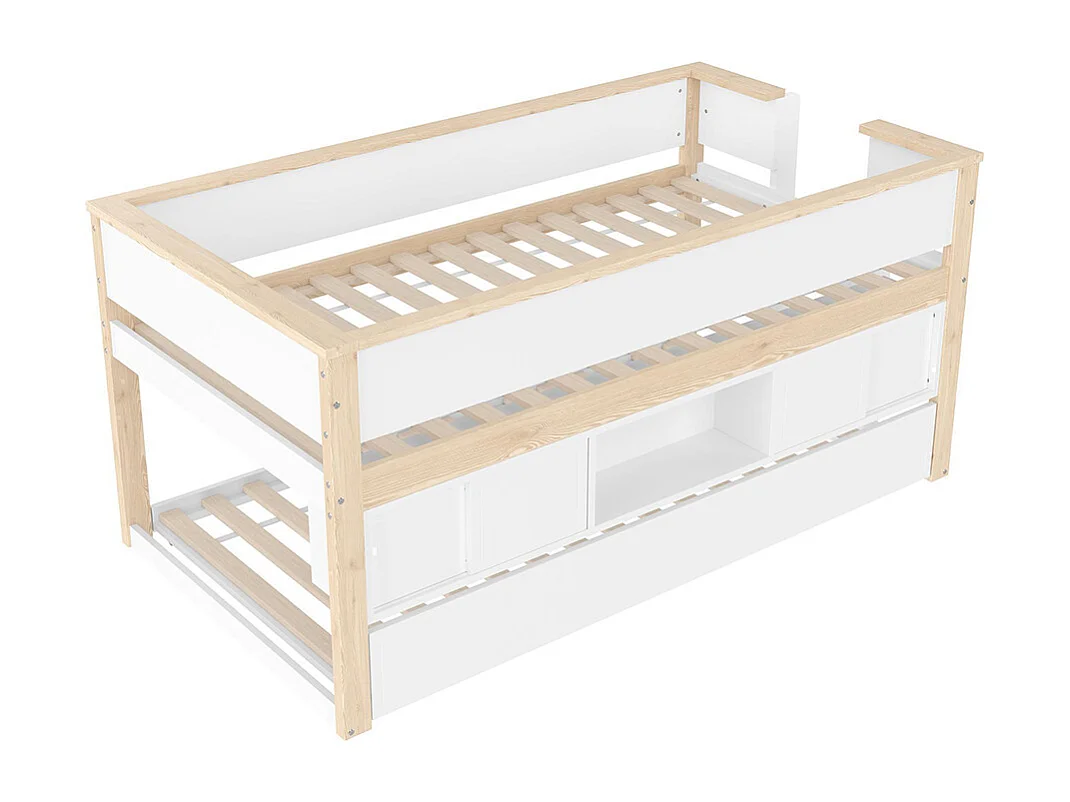 Lit enfant 90x200cm, avec lit gigogne, lit superposé, compartiments de rangement, blanc + naturel, sans matelas
