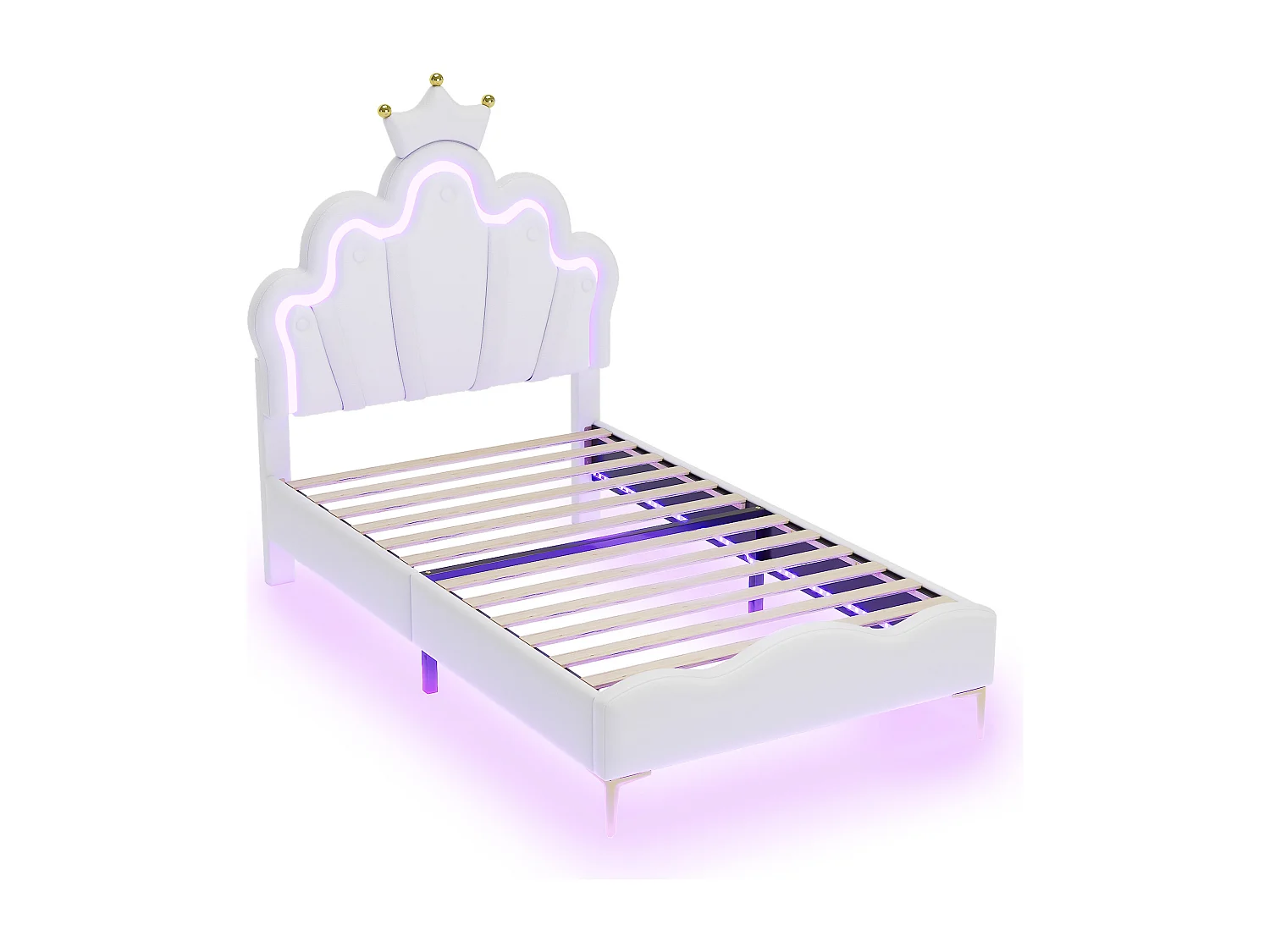 Lit double plat 90x200cm, lit princesse en forme de couronne, bande lumineuse LED d'ambiance réglable, PU, ​​blanc, sans matelas