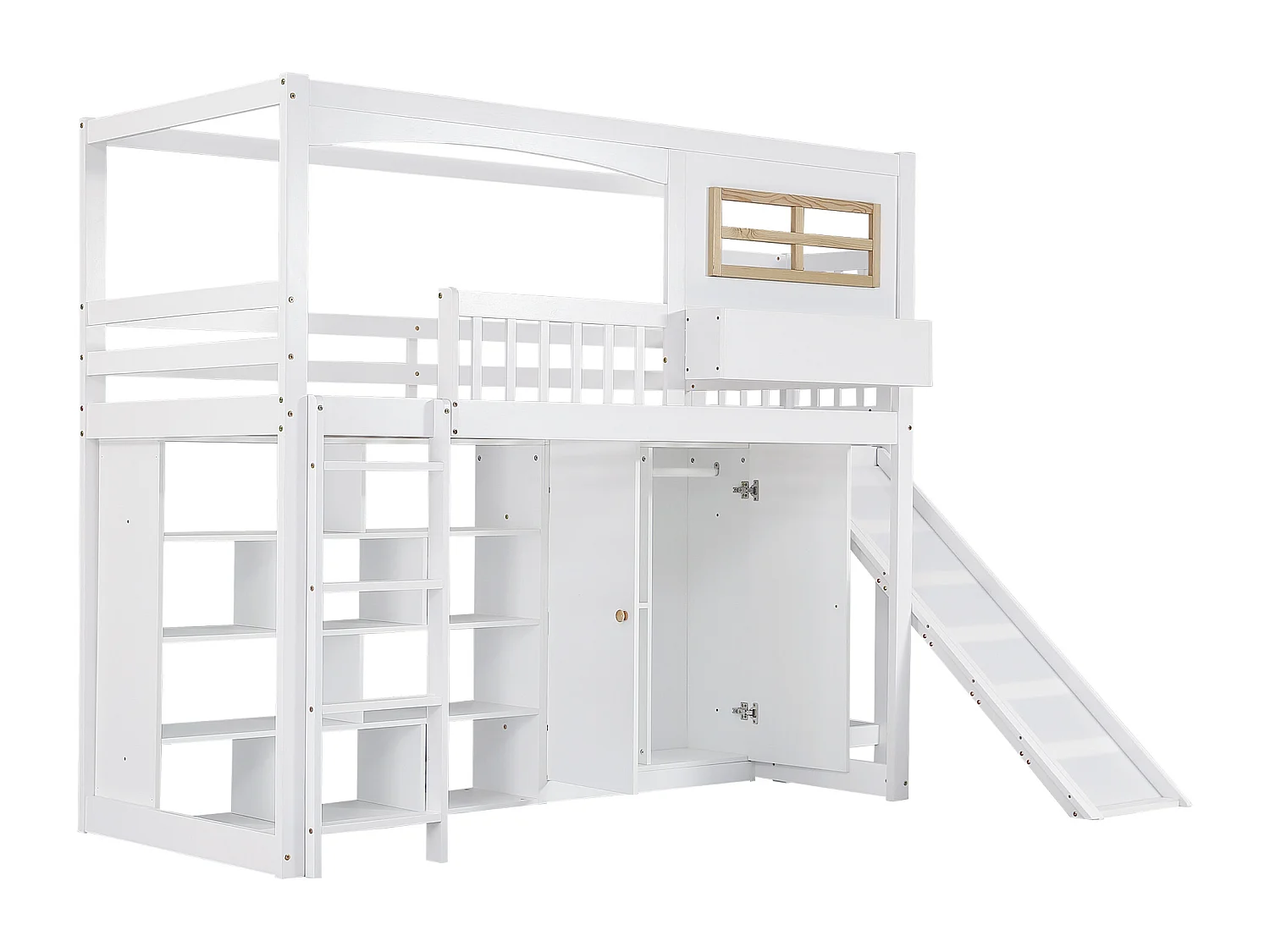 Stapelbed 90x200cm, kinderbed, met veiligheidshekje, glijbaan, kledingkast en ladder, grenenhout, wit, zonder matras