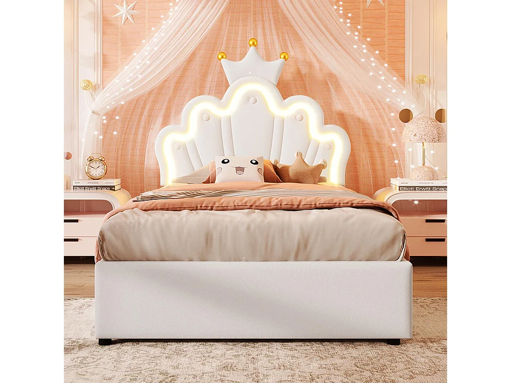 Lit rembourré hydraulique,90x200cm,avec bande lumineuse LED,Forme couronnée Tête de lit réglable,lit princesse,PU,blanc,sans matelas