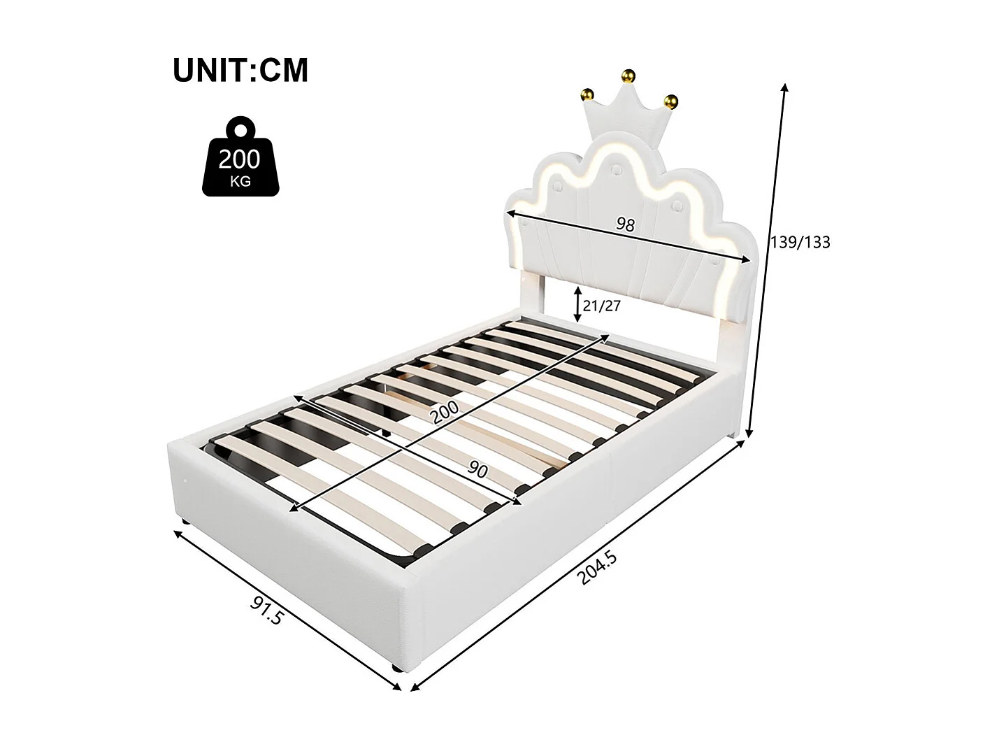 Lit rembourré hydraulique,90x200cm,avec bande lumineuse LED,Forme couronnée Tête de lit réglable,lit princesse,PU,blanc,sans matelas