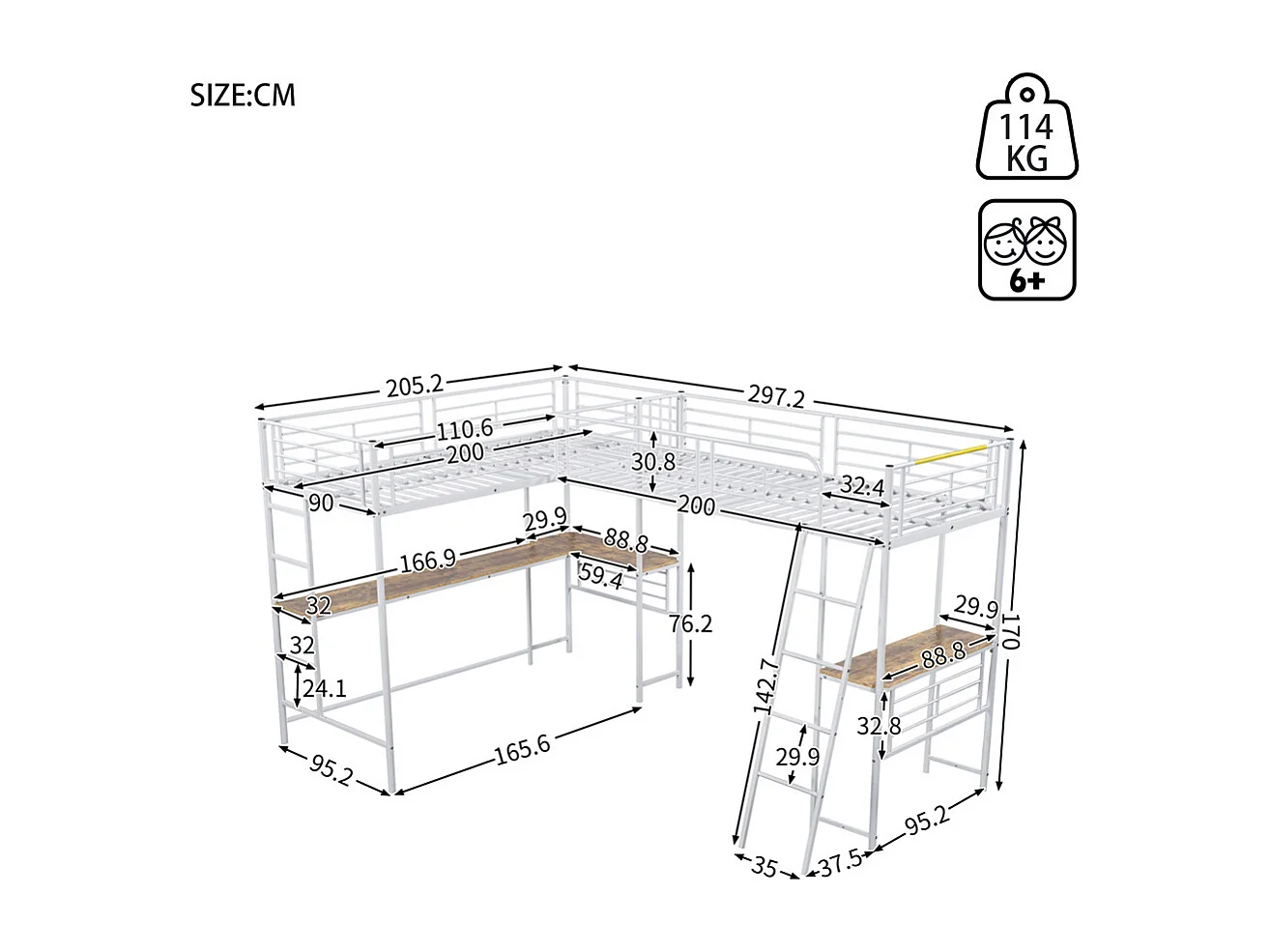 Lit mezzanine, 90 x 200 cm, deux lits superposés, table sous le lit, double escalier, rambarde haute, métal, blanc, sans matelas