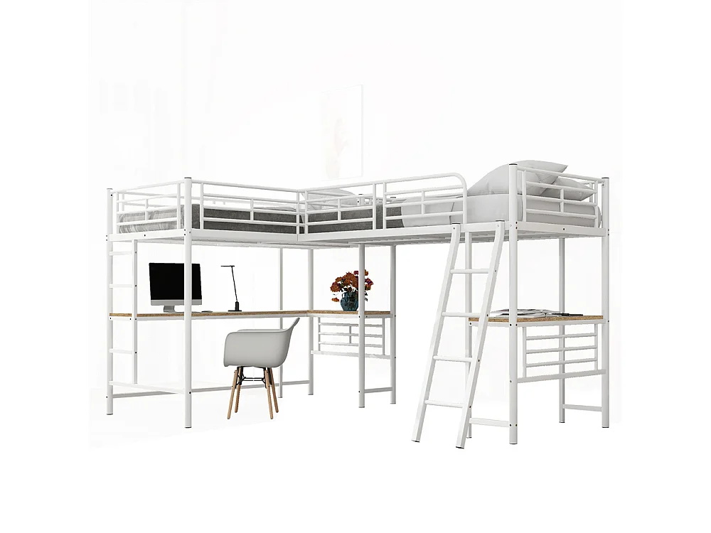 Lit mezzanine, 90 x 200 cm, deux lits superposés, table sous le lit, double escalier, rambarde haute, métal, blanc, sans matelas
