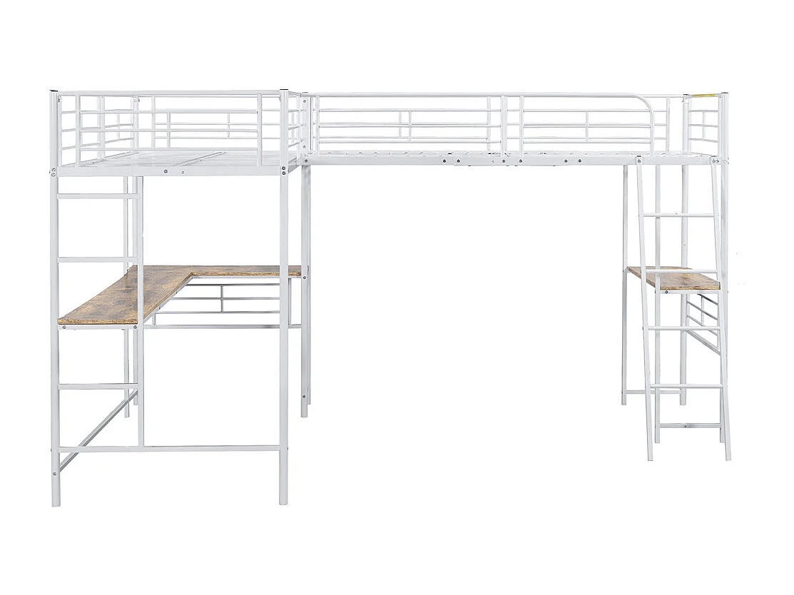 Lit mezzanine, 90 x 200 cm, deux lits superposés, table sous le lit, double escalier, rambarde haute, métal, blanc, sans matelas