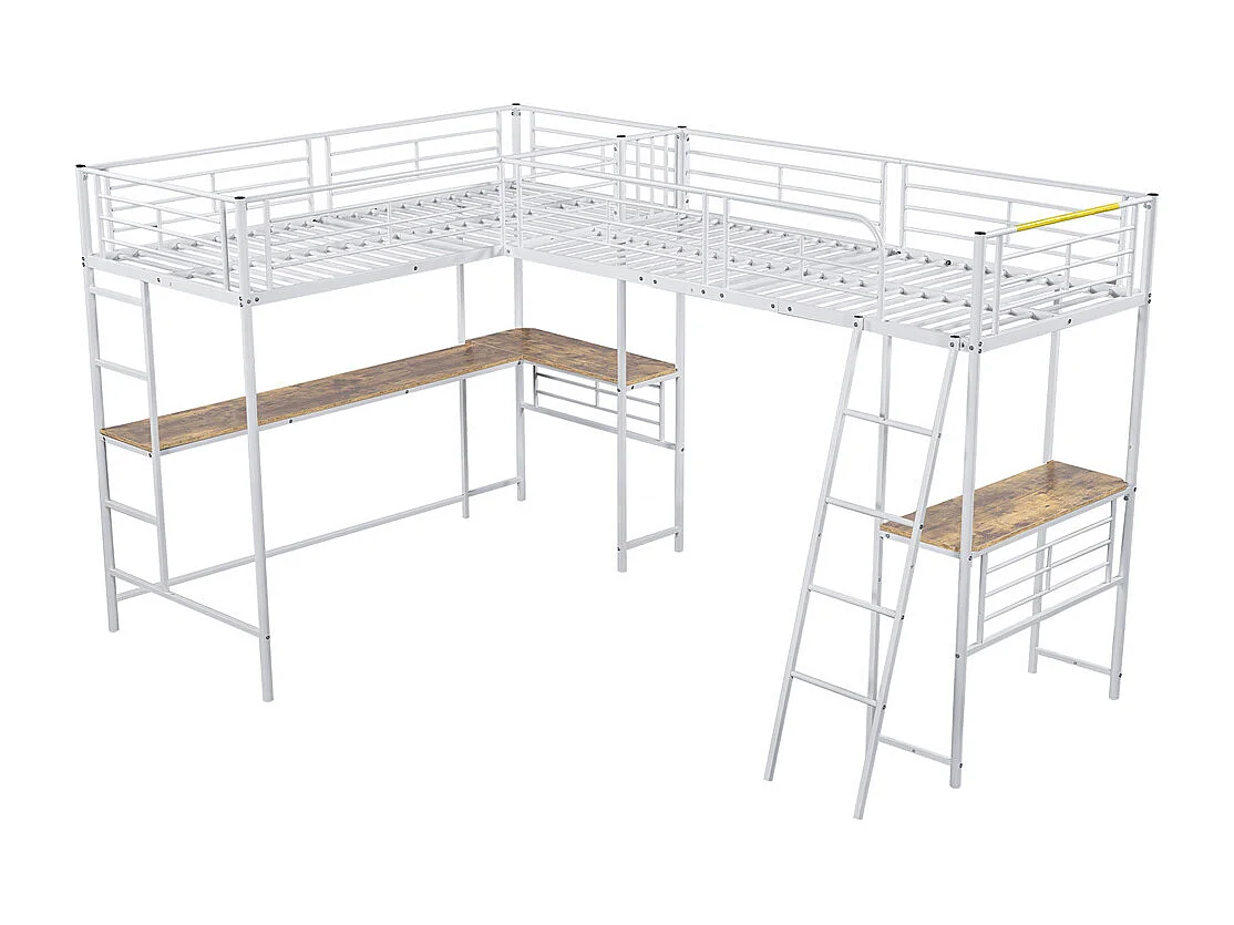 Lit mezzanine, 90 x 200 cm, deux lits superposés, table sous le lit, double escalier, rambarde haute, métal, blanc, sans matelas