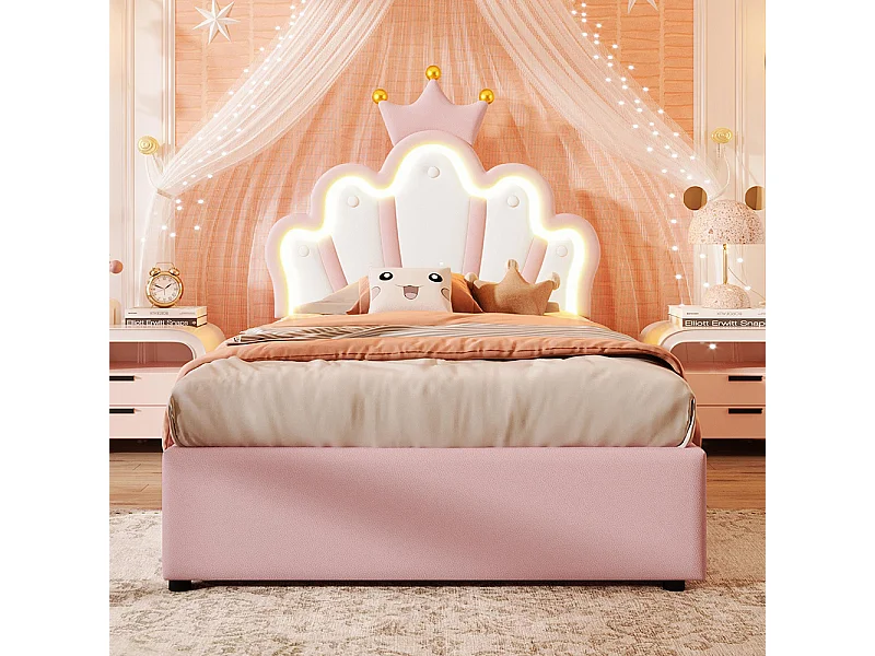 Lit rembourré hydraulique,90x200cm,avec bande lumineuse LED,Forme couronnée Tête de lit réglable,lit princesse,PU,rose,sans matelas