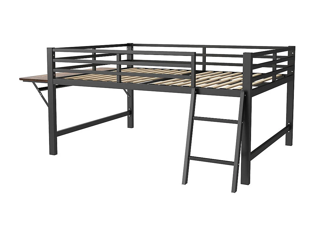 Lit plat 140x200cm, sommier métallique, barrière de sécurité, échelle, bureau, bande lumineuse LED télécommandée, noir, sans matelas