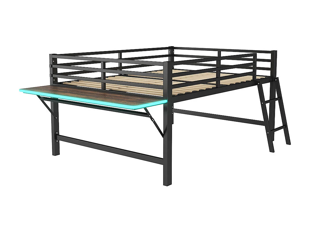 Lit plat 140x200cm, sommier métallique, barrière de sécurité, échelle, bureau, bande lumineuse LED télécommandée, noir, sans matelas