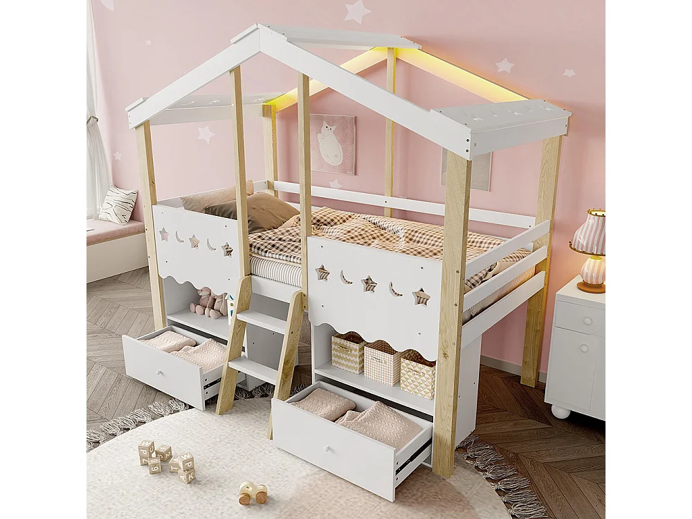 Lit mi-hauteur 90x200cm, lit mezzanine en forme de maison, 2 tiroirs, LED, blanc + naturel, sans matelas