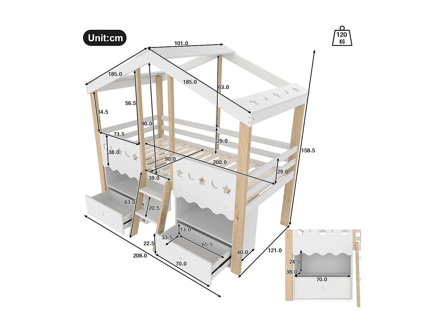 Lit mi-hauteur 90x200cm, lit mezzanine en forme de maison, 2 tiroirs, LED, blanc + naturel, sans matelas