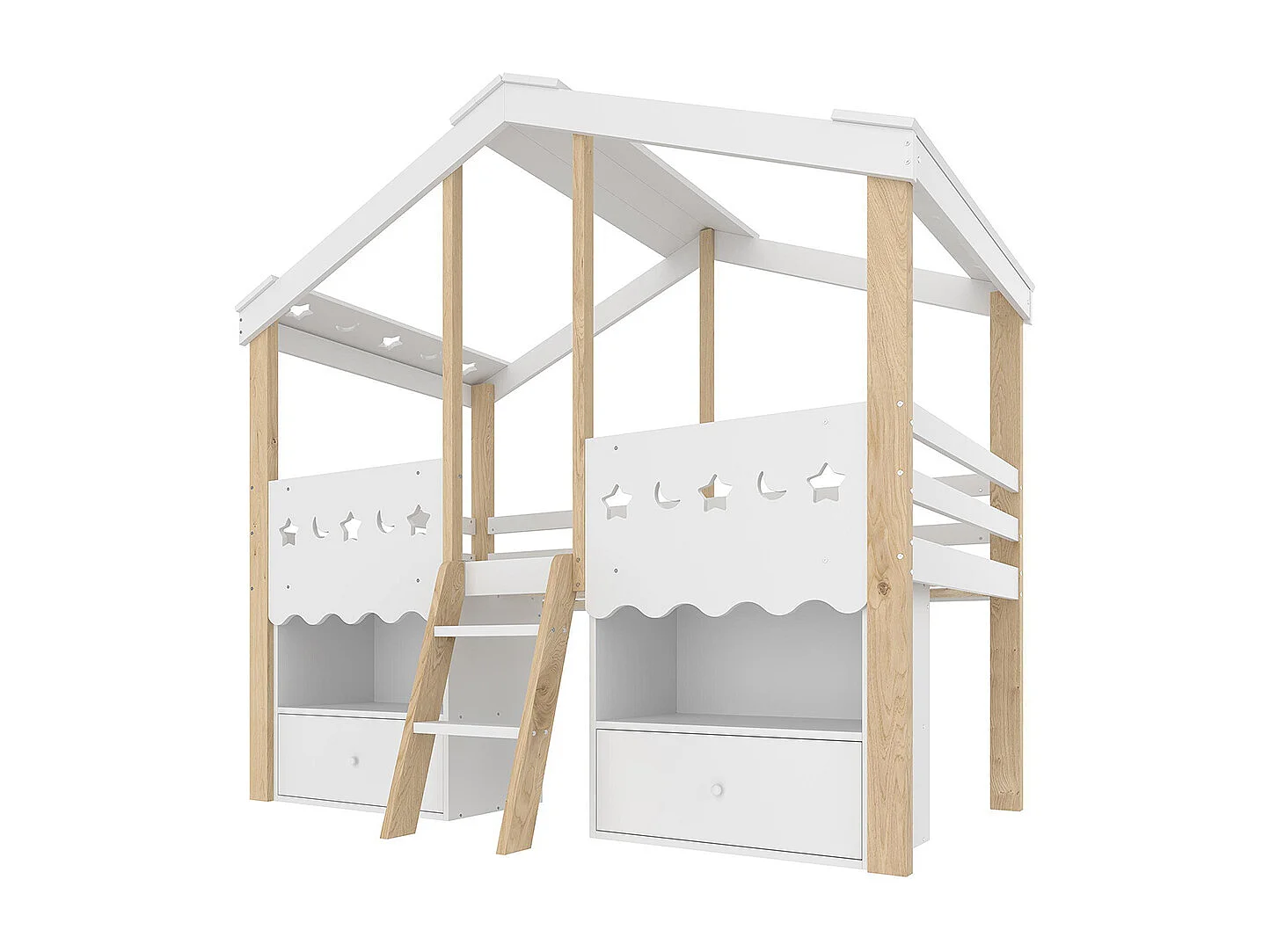Lit mi-hauteur 90x200cm, lit mezzanine en forme de maison, 2 tiroirs, LED, blanc + naturel, sans matelas