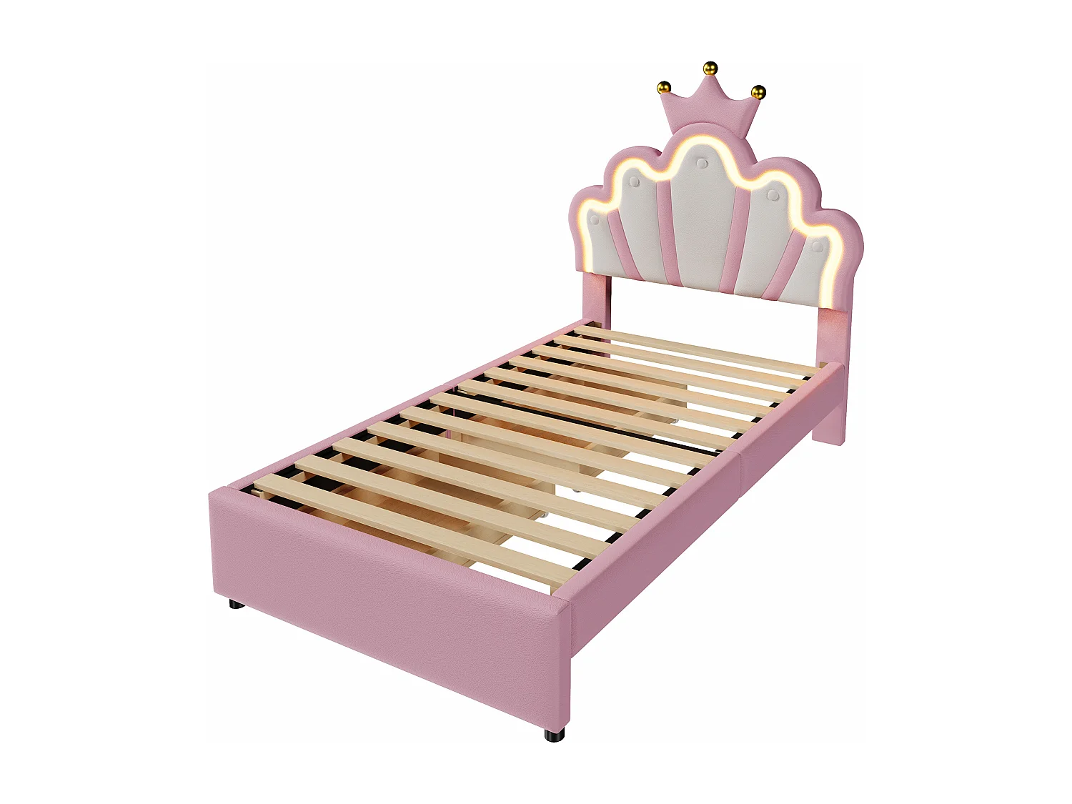 Lit capitonné 90x200cm, éclairage d'ambiance télécommandé, 2 tiroirs, lit princesse, tête de lit réglable, PU, ​​rose, sans matelas