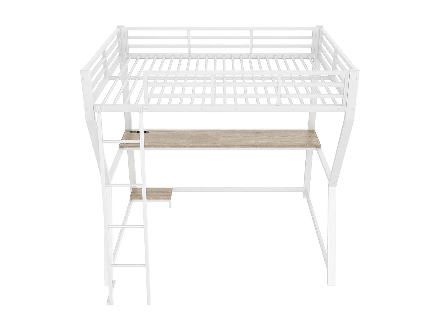 Lit mezzanine,140x200cm,avec éclairage LED,console informatique,étagère,bureau,prise de courant+USB,rampe,escalier,sans matela,blanc