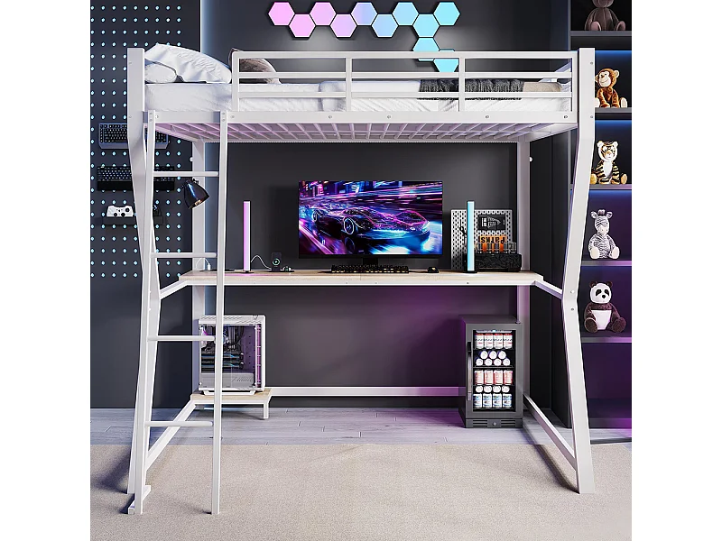 Lit mezzanine,140x200cm,avec éclairage LED,console informatique,étagère,bureau,prise de courant+USB,rampe,escalier,sans matela,blanc