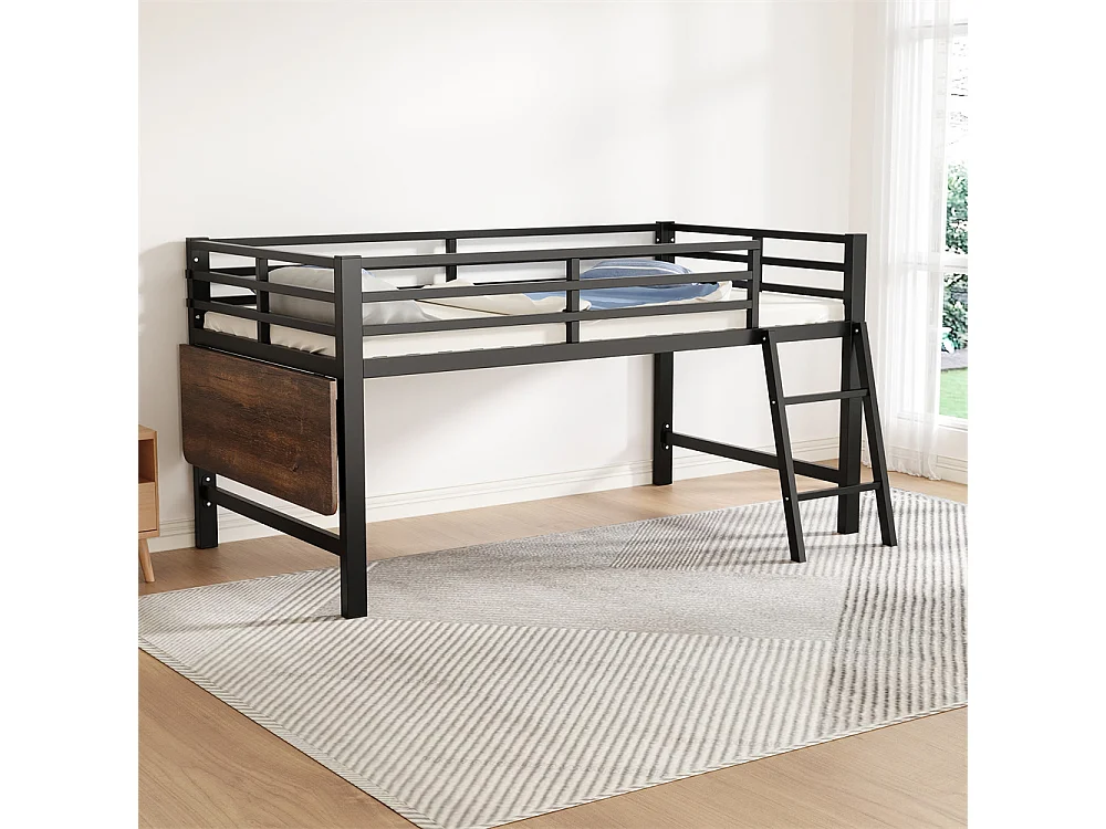 Lit plat 90 x 200 cm, en métal, avec barrière de sécurité, échelle, bureau et bande lumineuse LED télécommandée, noir, sans matelas.