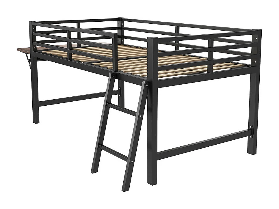 Lit plat 90 x 200 cm, en métal, avec barrière de sécurité, échelle, bureau et bande lumineuse LED télécommandée, noir, sans matelas.