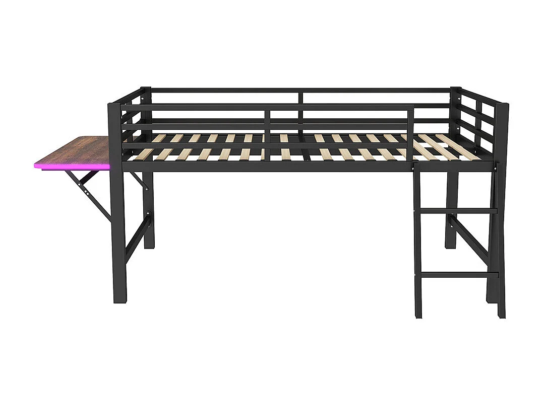 Lit plat 90 x 200 cm, en métal, avec barrière de sécurité, échelle, bureau et bande lumineuse LED télécommandée, noir, sans matelas.