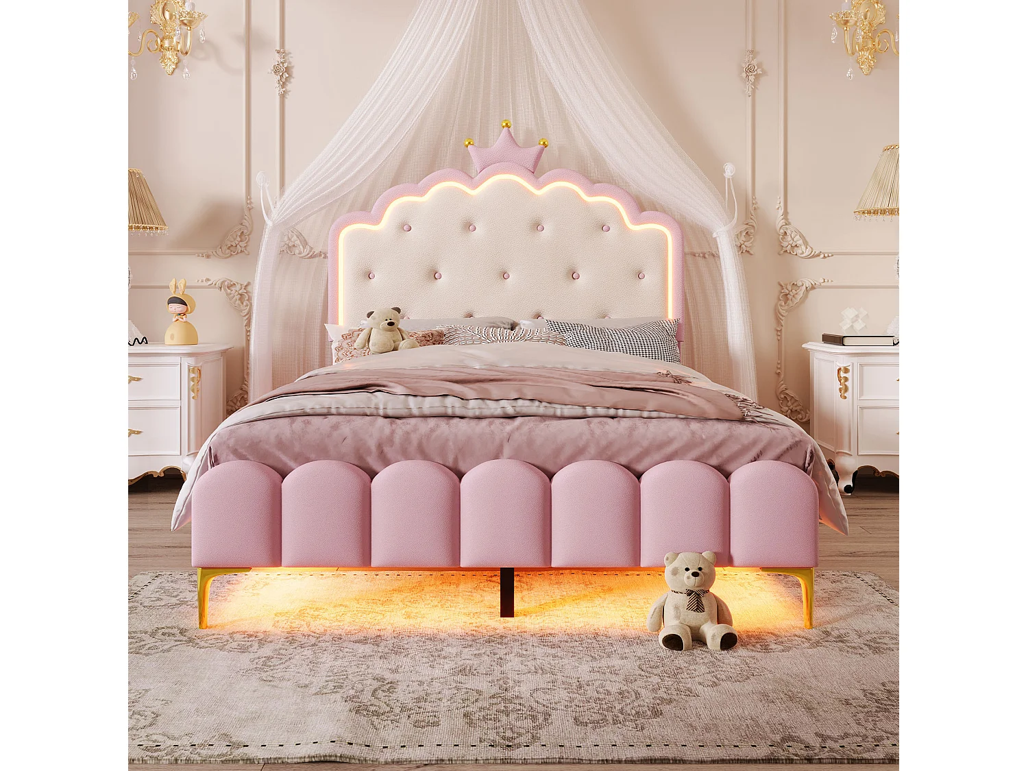 Lit capitonné 140x200cm, sommier à lattes, éclairage d'ambiance avec télécommande, forme princesse, PU, rose, sans matelas