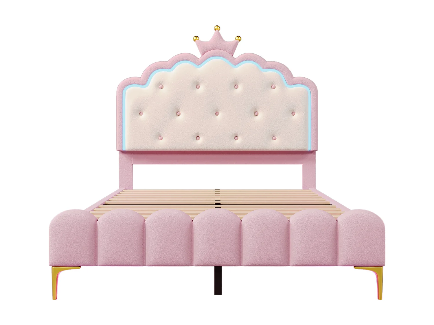 Lit capitonné 140x200cm, sommier à lattes, éclairage d'ambiance avec télécommande, forme princesse, PU, rose, sans matelas