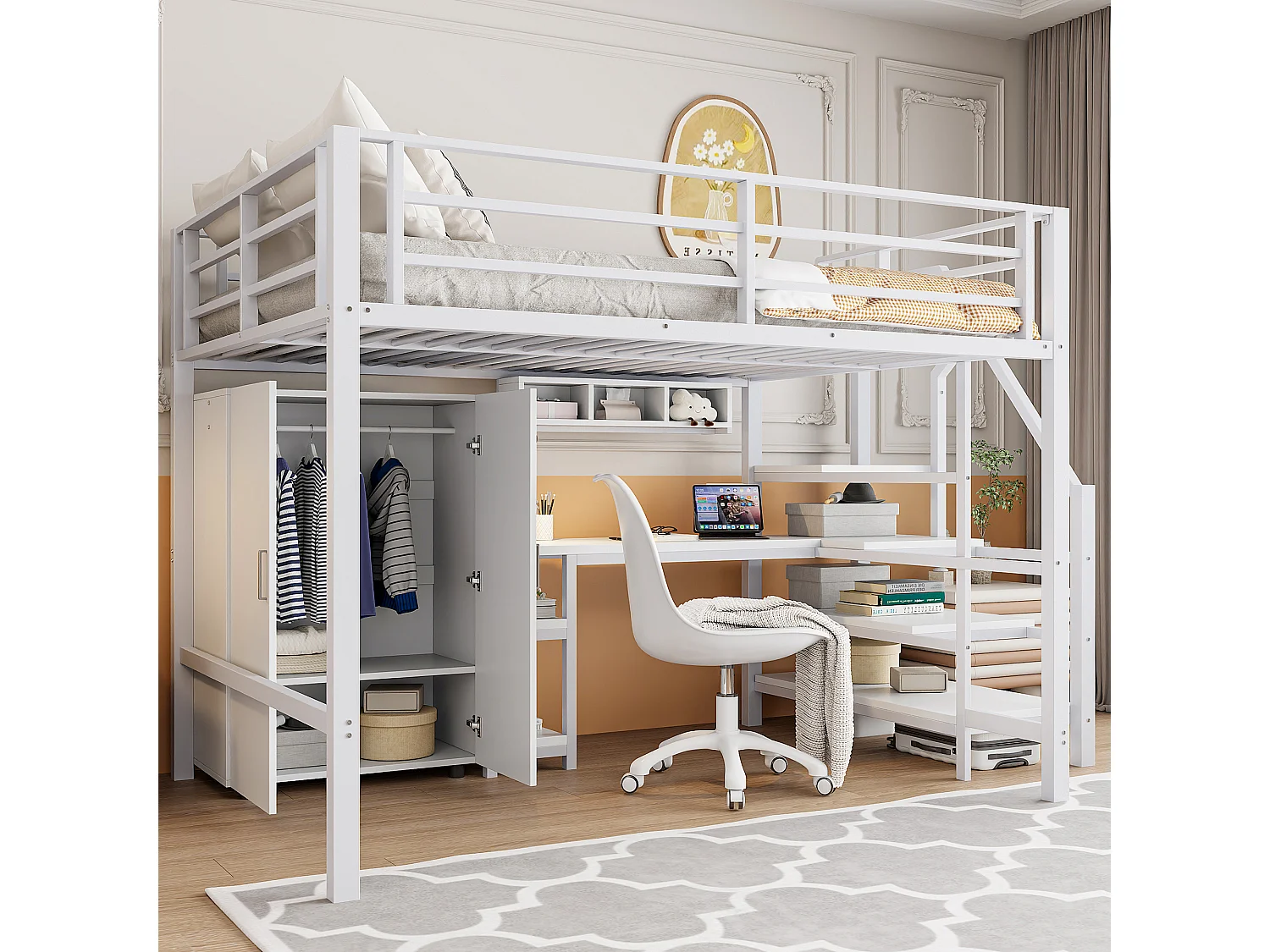 Lit mezzanine, 140 x 200 cm, avec armoire, étagères, échelle de rangement et bureau, en métal blanc, sans matelas