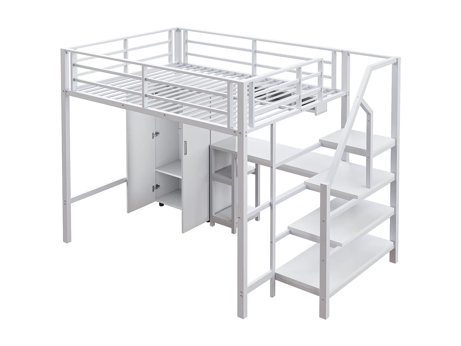 Lit mezzanine, 140 x 200 cm, avec armoire, étagères, échelle de rangement et bureau, en métal blanc, sans matelas