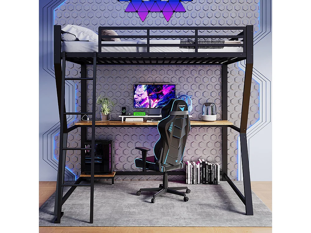 Lit mezzanine,140x200cm,avec éclairage LED,console informatique,étagère,bureau,prise+USB,rampe,escalier,sans matelas,noir