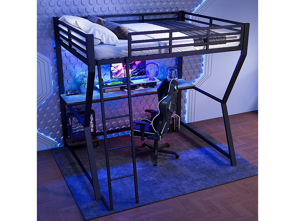 Lit mezzanine,140x200cm,avec éclairage LED,console informatique,étagère,bureau,prise+USB,rampe,escalier,sans matelas,noir