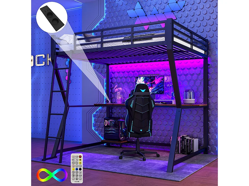 Lit mezzanine,140x200cm,avec éclairage LED,console informatique,étagère,bureau,prise+USB,rampe,escalier,sans matelas,noir