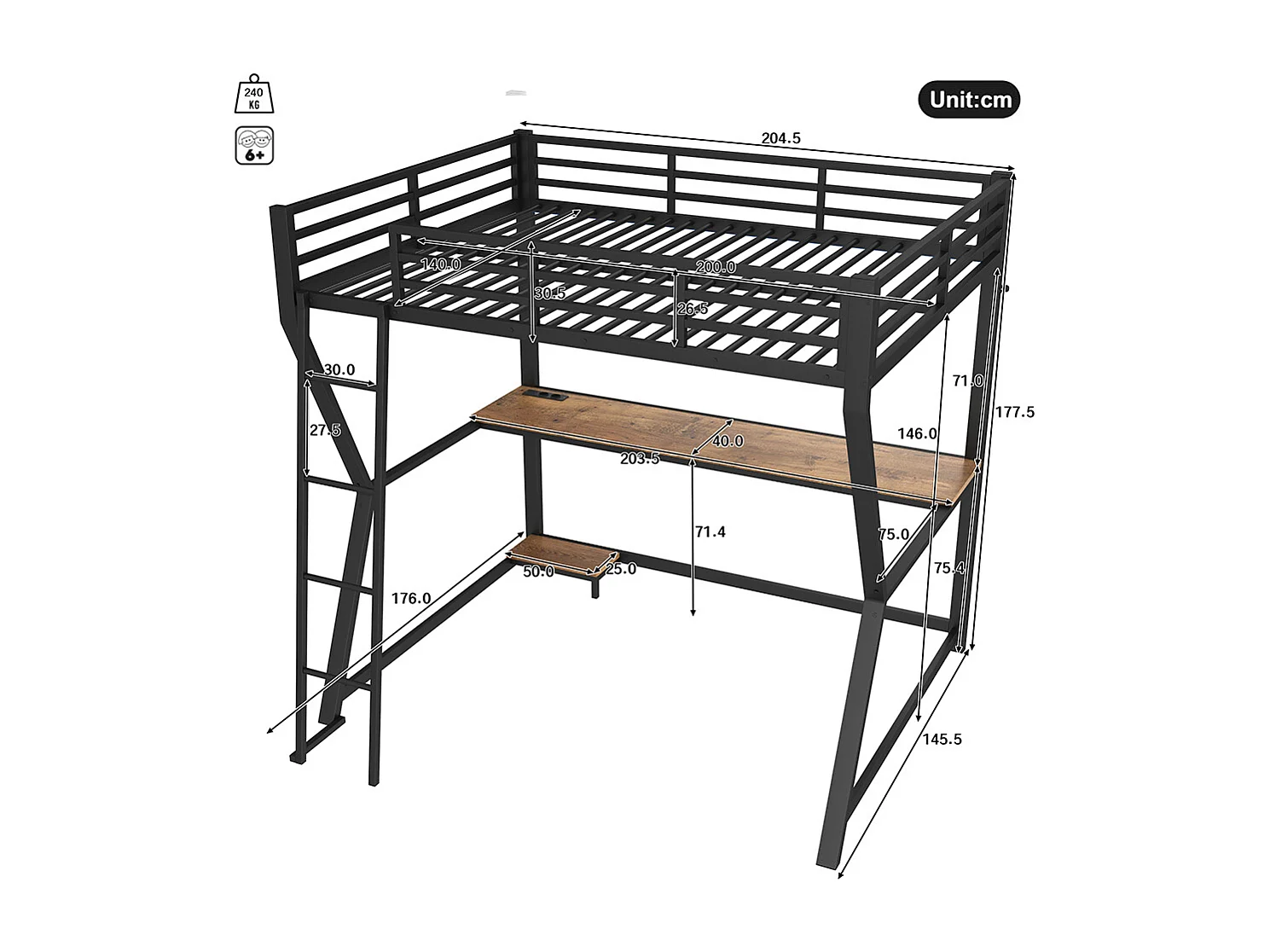 Lit mezzanine,140x200cm,avec éclairage LED,console informatique,étagère,bureau,prise+USB,rampe,escalier,sans matelas,noir