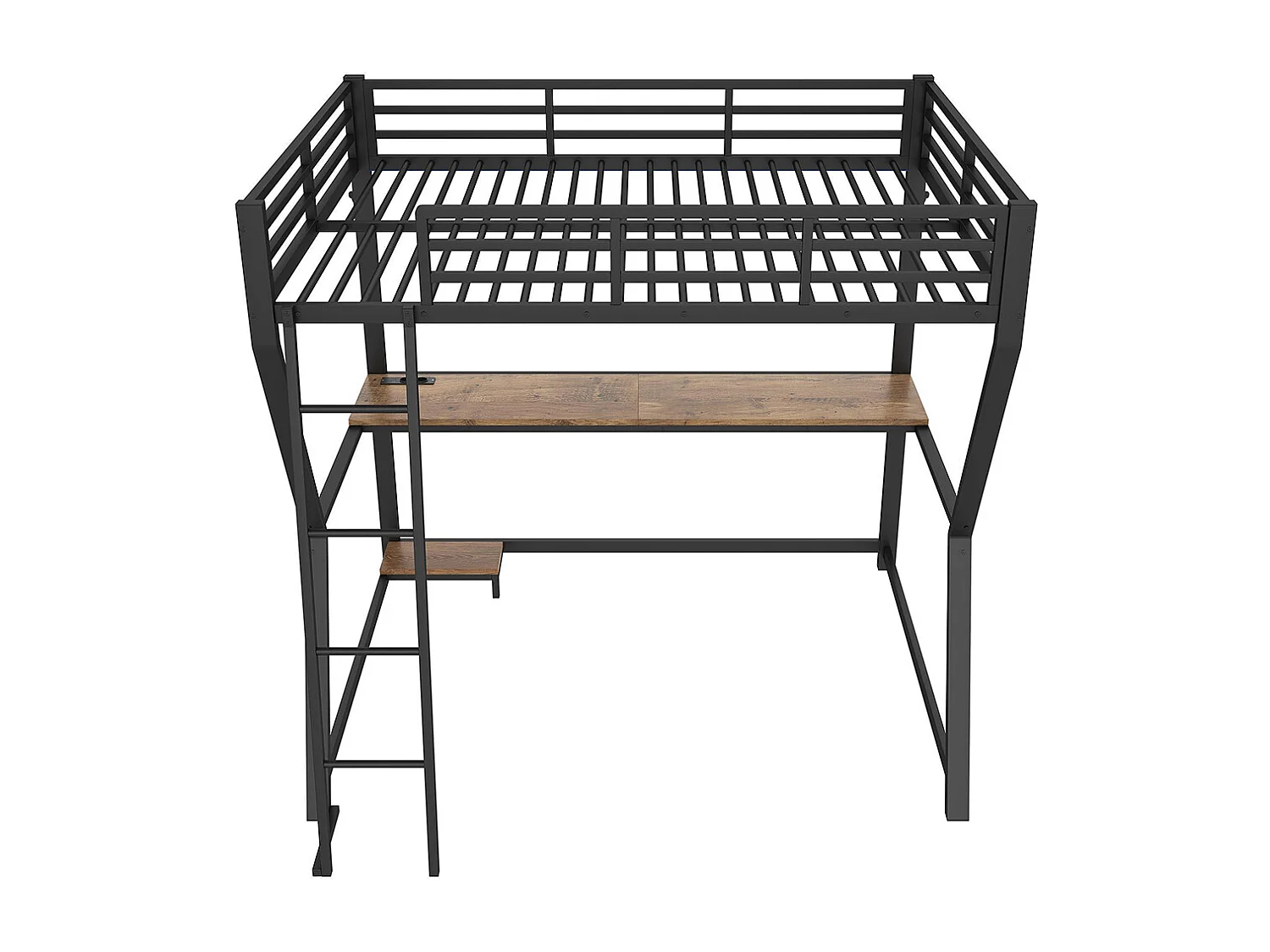 Lit mezzanine,140x200cm,avec éclairage LED,console informatique,étagère,bureau,prise+USB,rampe,escalier,sans matelas,noir