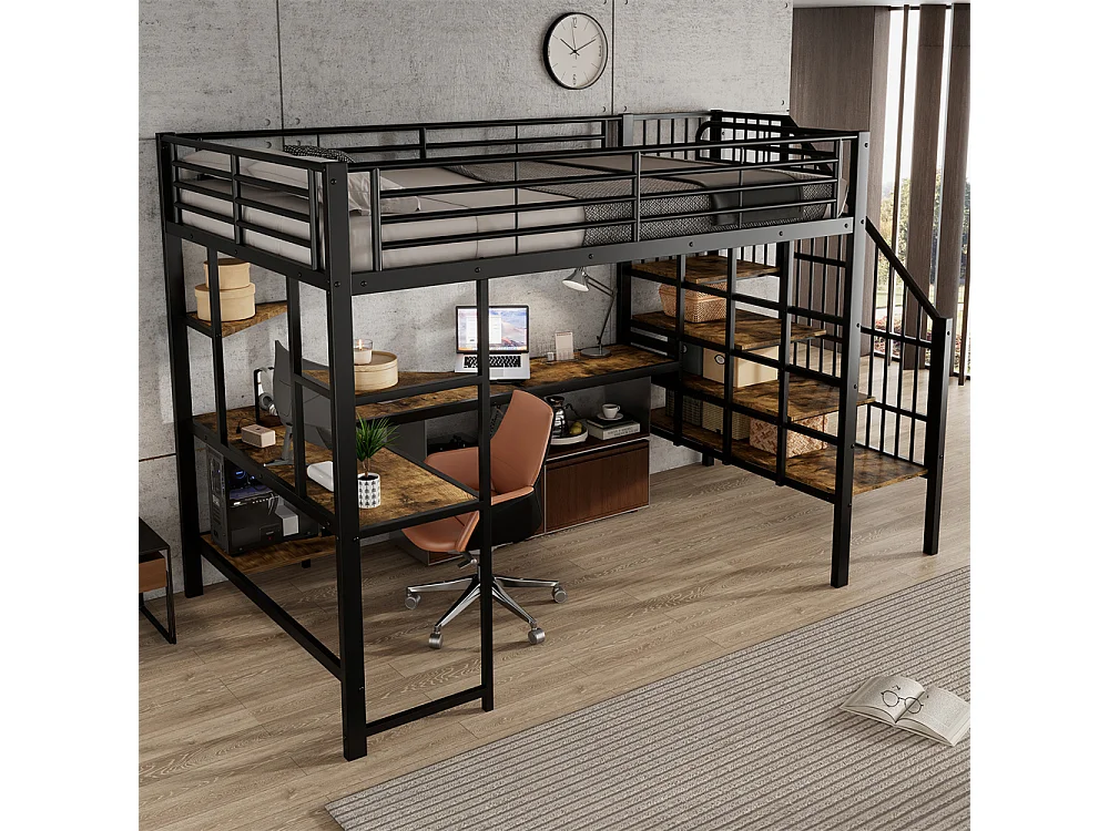 Lit mezzanine en fer,120x200cm,avec port de charge,escalier d'angle, rangement,bureau avec tablette pour clavier,fer+MDF,noir+foncé