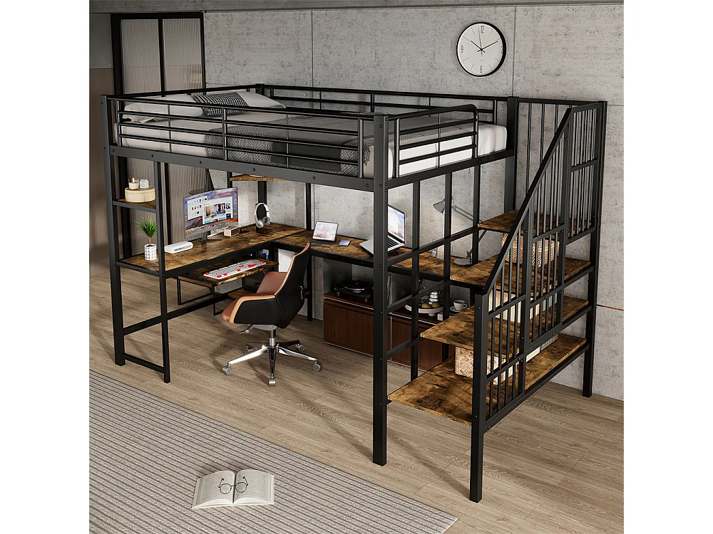 Lit mezzanine en fer,120x200cm,avec port de charge,escalier d'angle, rangement,bureau avec tablette pour clavier,fer+MDF,noir+foncé