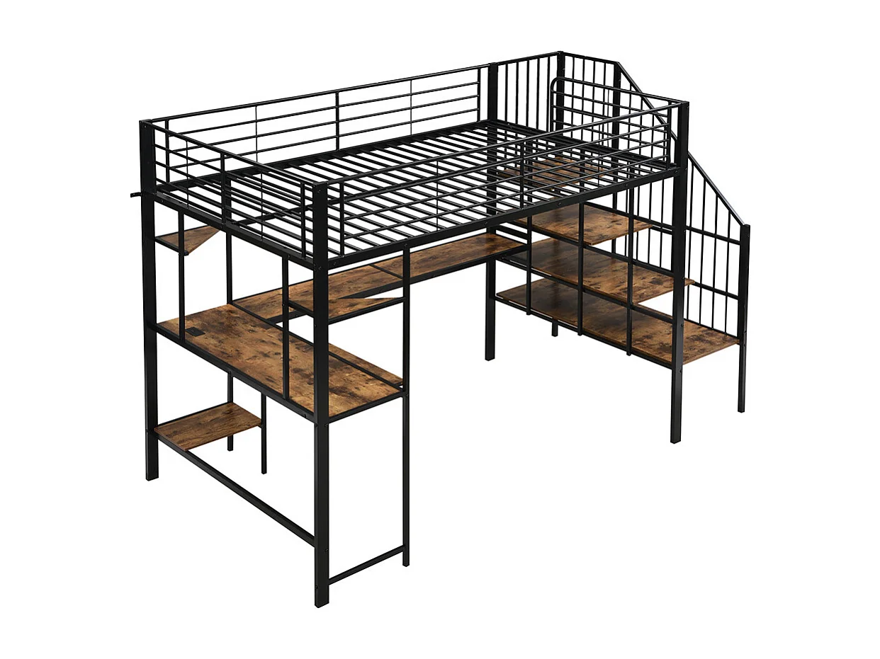 Lit mezzanine en fer,120x200cm,avec port de charge,escalier d'angle, rangement,bureau avec tablette pour clavier,fer+MDF,noir+foncé