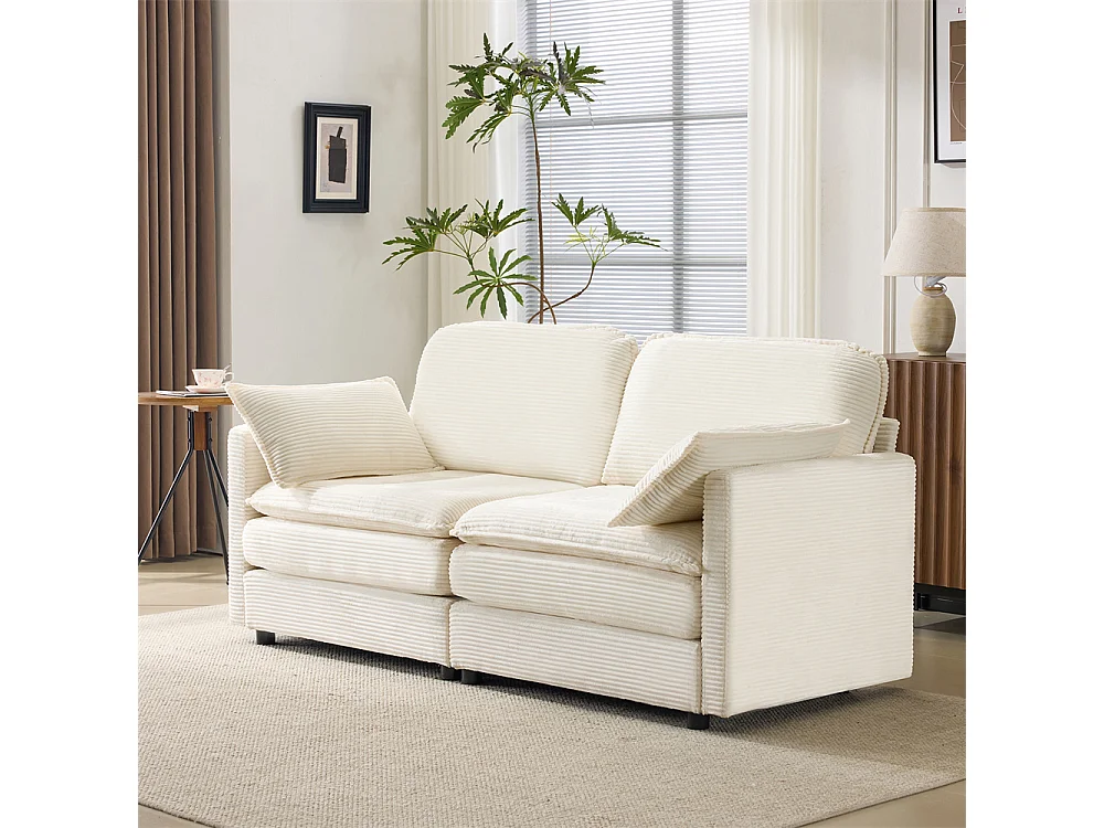 Canapé 2 places minimaliste et moderne, confortable et spacieux, idéal pour le salon ou la chambre, en bois et tissu, blanc