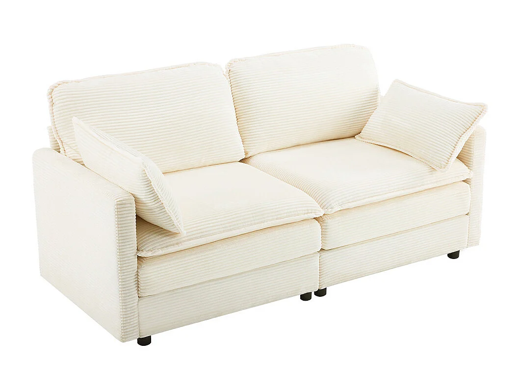 Canapé 2 places minimaliste et moderne, confortable et spacieux, idéal pour le salon ou la chambre, en bois et tissu, blanc