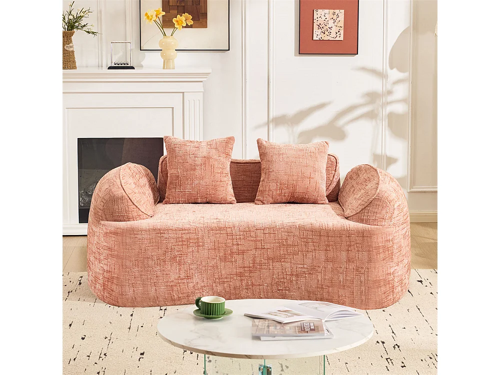 Canapé deux places incurvé rosa avec accoudoirs, canapé compressible avec 2 coussins, aucun assemblage requis