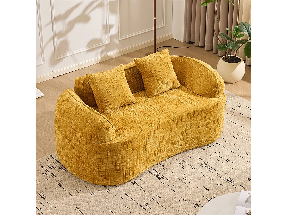 Canapé deux places incurvé jaune avec accoudoirs, canapé compressible avec 2 coussins, aucun assemblage requis