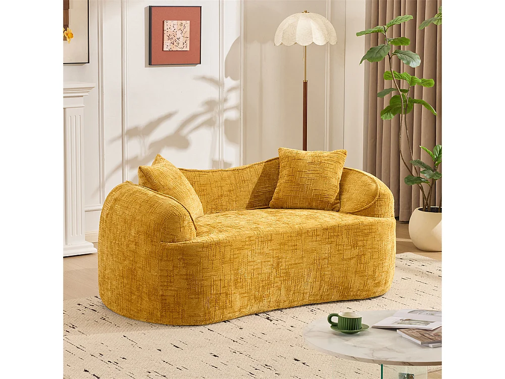 Canapé deux places incurvé jaune avec accoudoirs, canapé compressible avec 2 coussins, aucun assemblage requis