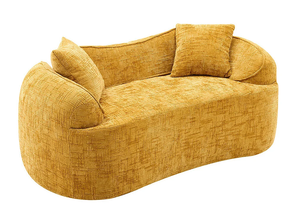 Canapé deux places incurvé jaune avec accoudoirs, canapé compressible avec 2 coussins, aucun assemblage requis