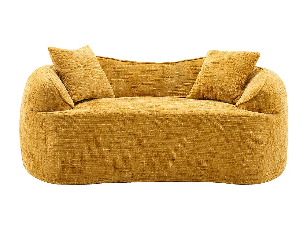 Canapé deux places incurvé jaune avec accoudoirs, canapé compressible avec 2 coussins, aucun assemblage requis