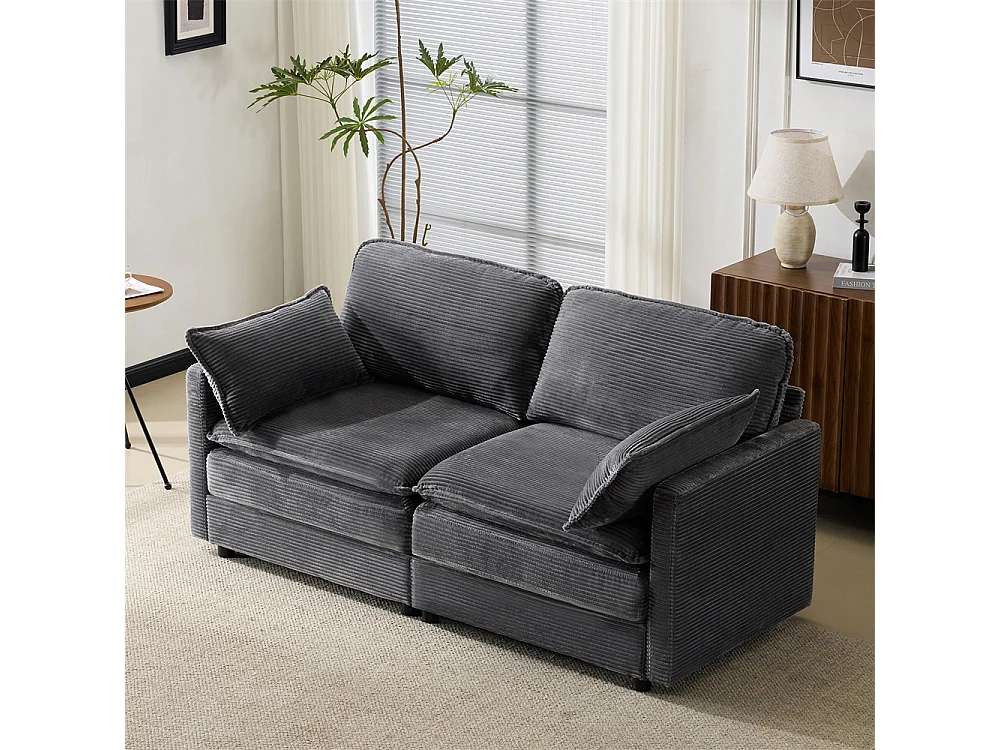 Canapé 2 places minimaliste et moderne, confortable et spacieux, idéal pour le salon ou la chambre, en bois et tissu, gris