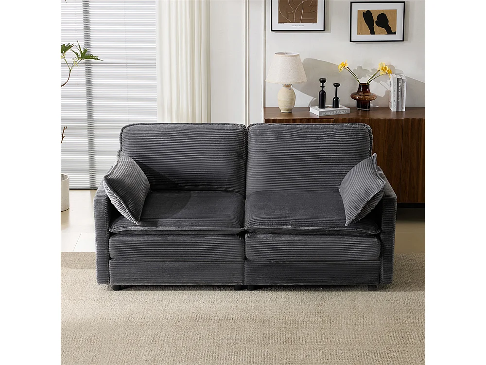 Canapé 2 places minimaliste et moderne, confortable et spacieux, idéal pour le salon ou la chambre, en bois et tissu, gris