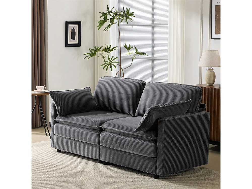 Canapé 2 places minimaliste et moderne, confortable et spacieux, idéal pour le salon ou la chambre, en bois et tissu, gris