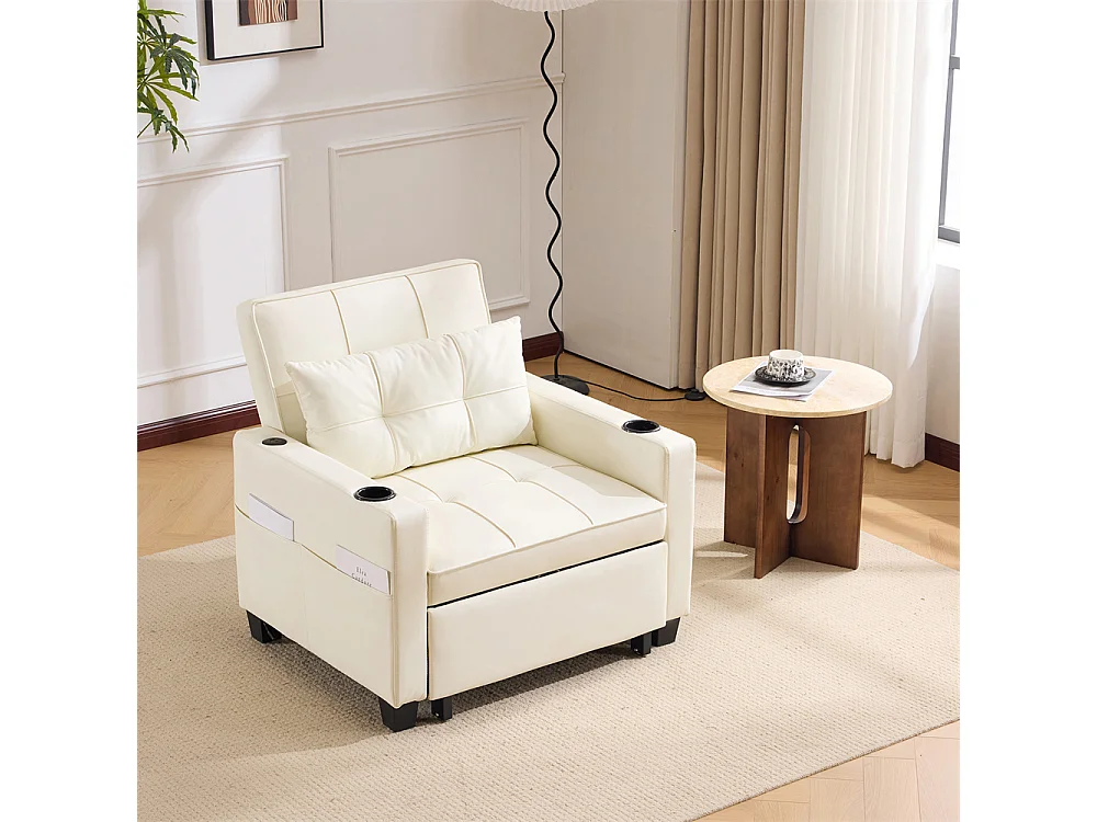 Canapé-lit extensible 3 en 1 avec porte-gobelets et port USB, canapé inclinable, fauteuil-lit, fauteuil, blanc