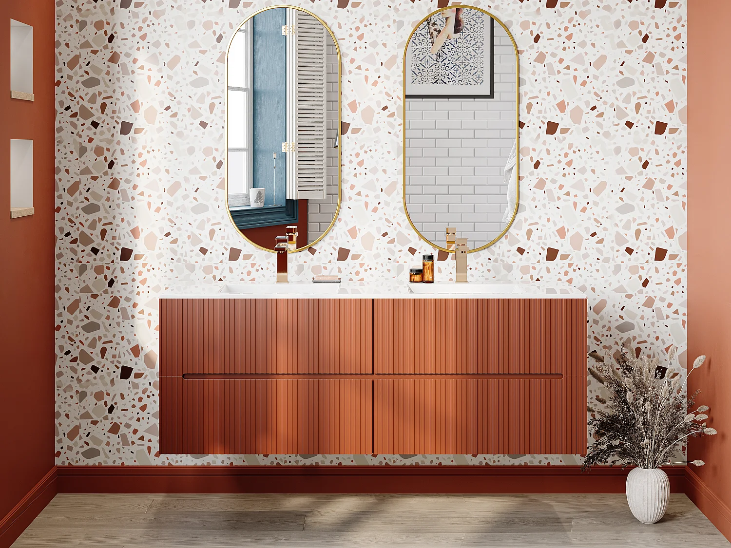 Meuble de salle de bain suspendu avec vasque à encastrer et robinet - Strié terracotta - 150 cm - PAVANI