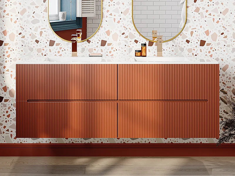 Meuble de salle de bain suspendu avec vasque à encastrer et robinet - Strié terracotta - 150 cm - PAVANI