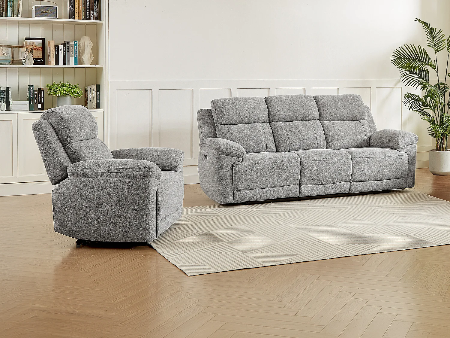 Canapé 3 places et fauteuil relax électrique en tissu chiné gris KELUNO