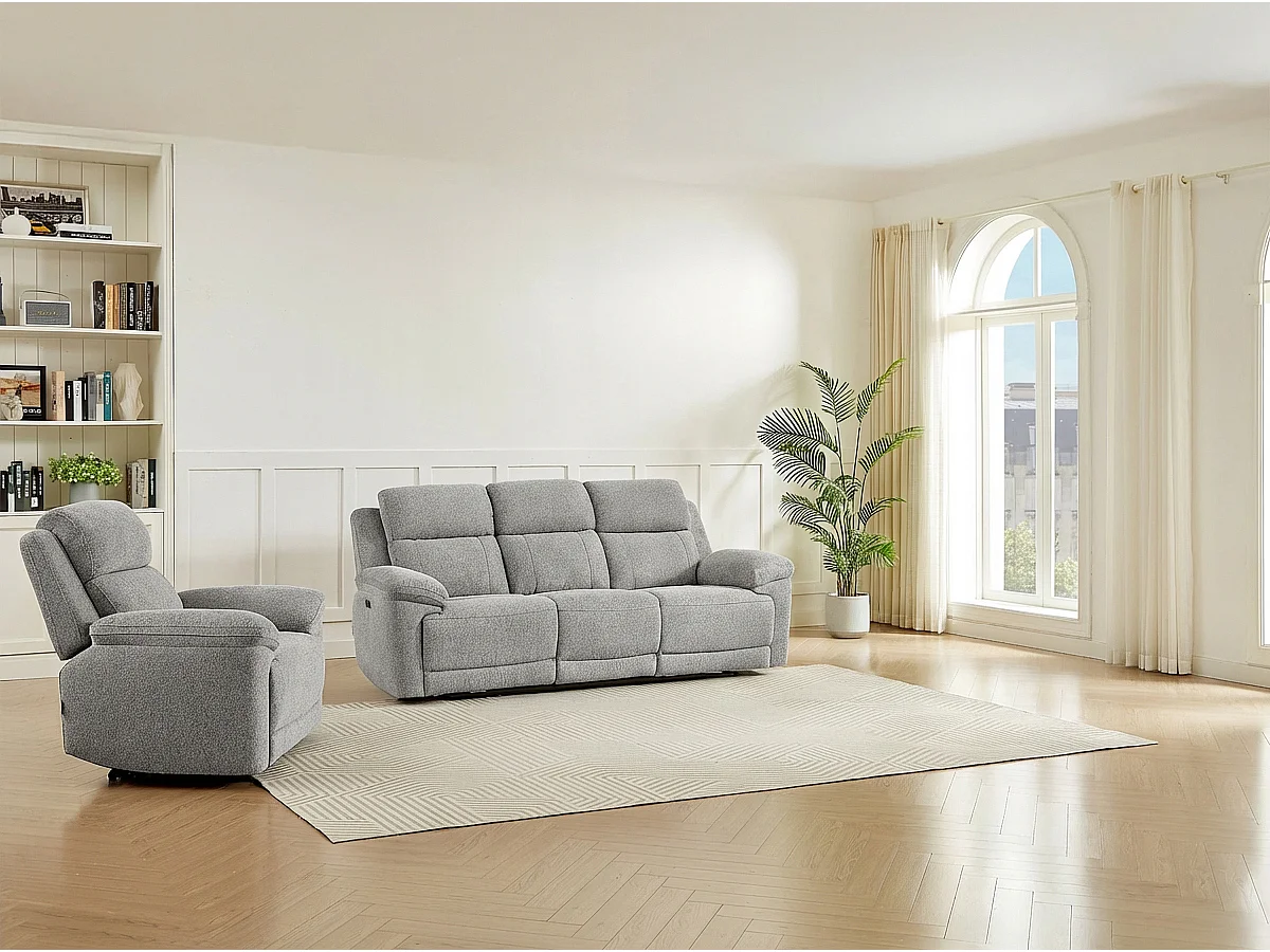 Canapé 3 places et fauteuil relax électrique en tissu chiné gris KELUNO