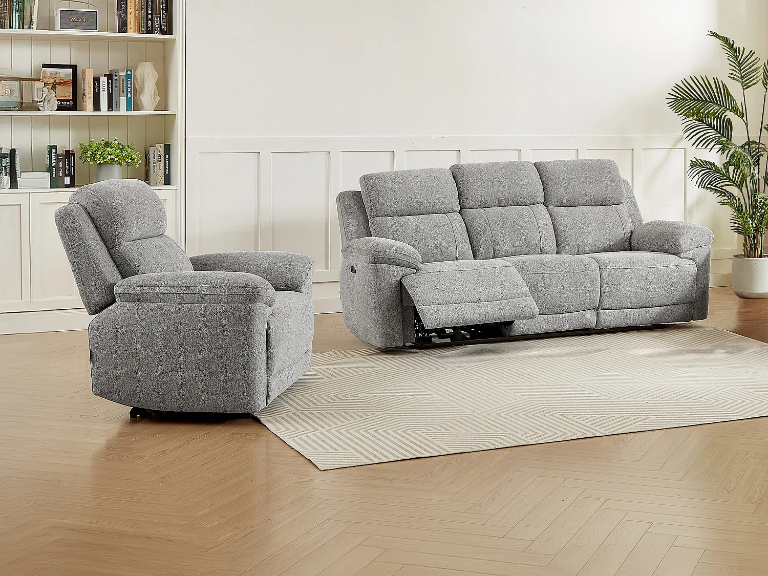 Canapé 3 places et fauteuil relax électrique en tissu chiné gris KELUNO